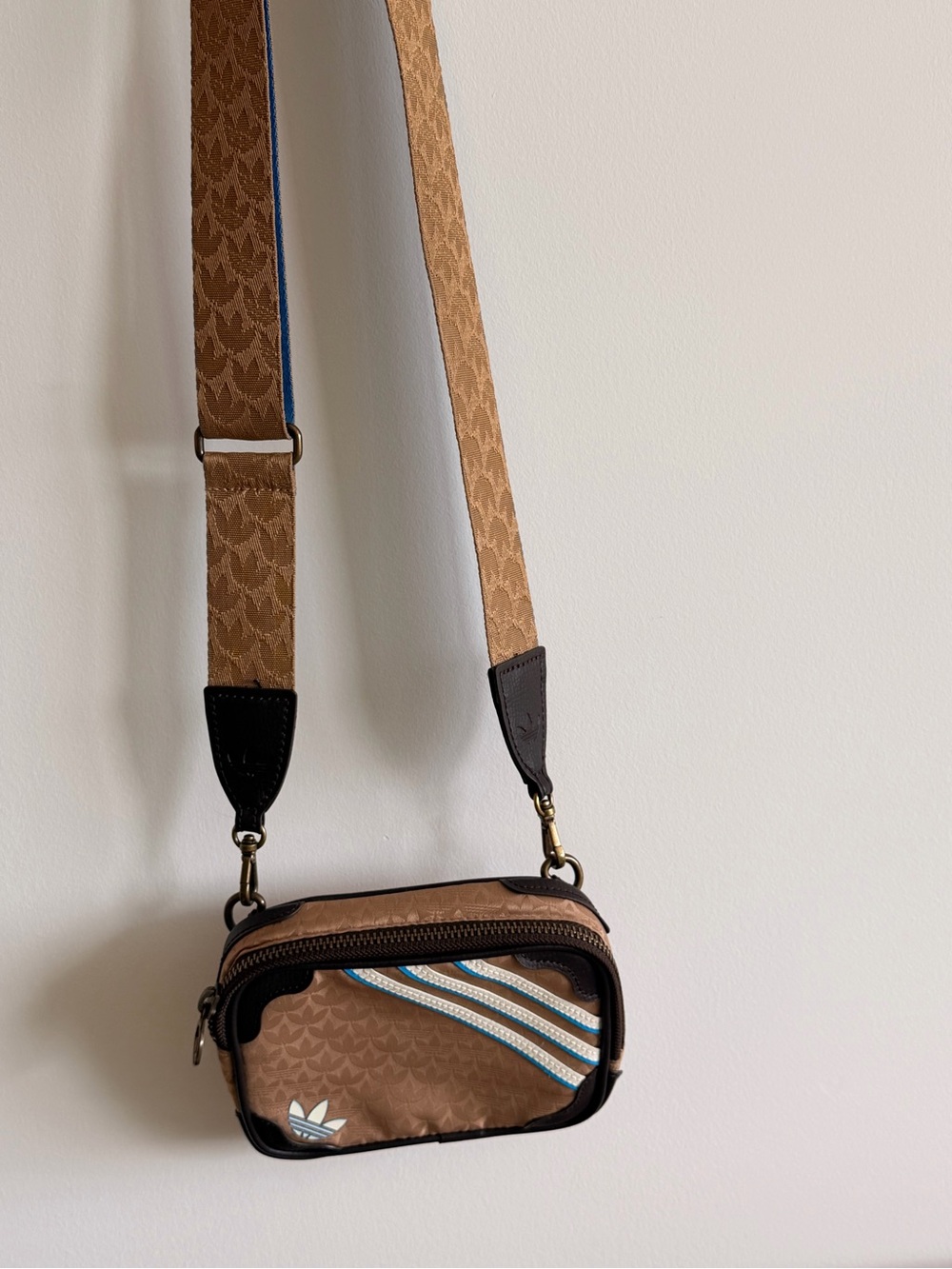 adidas Brown Crossbody Messenger Bag with Blue Accent Stripes